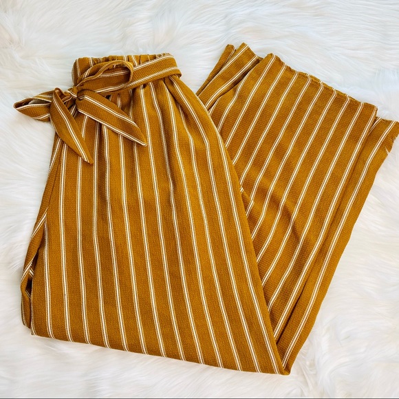 Minette Pants - Minette Mustard and Cream Stripe Wide Leg Cropped Pants with a Tie Waist